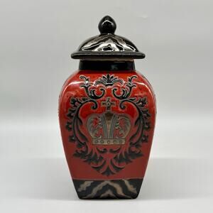 Tall Ceramic Decorative Ginger Jar Kitchen Canister Vase Urn Black & Red 9.5"
